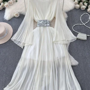 Spring Autumn Party Birthday Dress Women's New White Red Elegant Retro Pleated Trumpet Long Sleeved Chiffon Vacation Dress C150