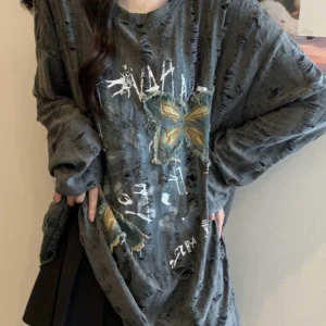 Women T Shirt Spring Summer Large Size Tees Punk Style Butterfly Appliques Patchwork Long Sleeved Hole Loose Top Female TS001