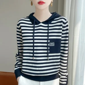 Women Sweater Hooded Pockets Knitted Sweater Autumn Winter Warm Bottoming Shirt Fashion Stripe Pullovers Loose Korean Jumper