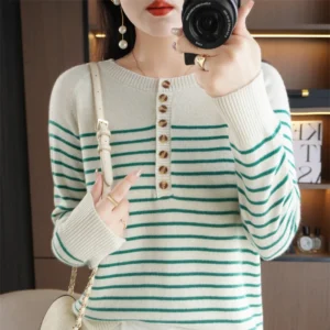 Women Sweater Autumn Winter O-neck Cotton Warm Loose Striped Buttons Long Sleeve Bottoming Shirt Casual Korean Pullovers Jumpers