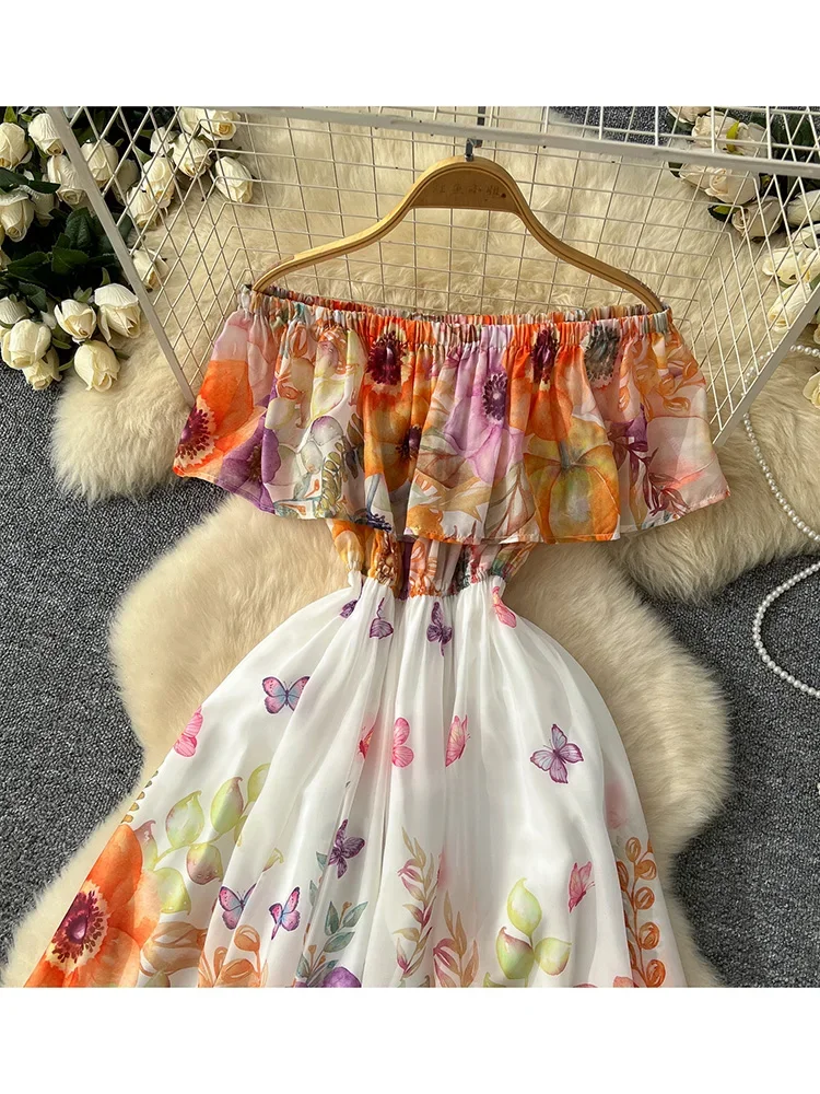 Women's Summer Dress Sexy Vacation Style One Shoulder Lotus Leaf Edge Splicing Temperament Long Printed Chiffon Dress DS037 - Image 6