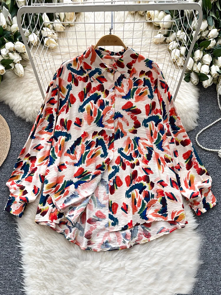 Spring Autumn Retro French Style Printed Polo Neck Shirt for Women New Fashionable Loose and Unique Long Sleeve blouse Top C165 - Image 2