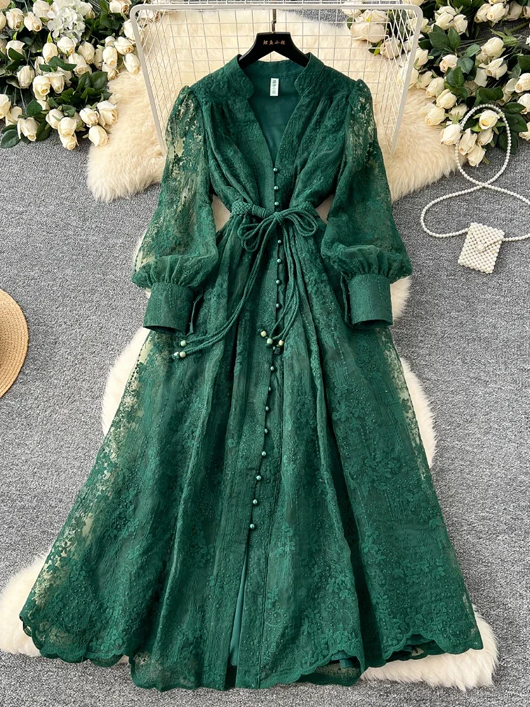 Spring Autumn French High-end Women's Dress New Lace Embroidery V-neck Lantern Sleeves Single Breasted Party Birthday Dress C192 - Image 5