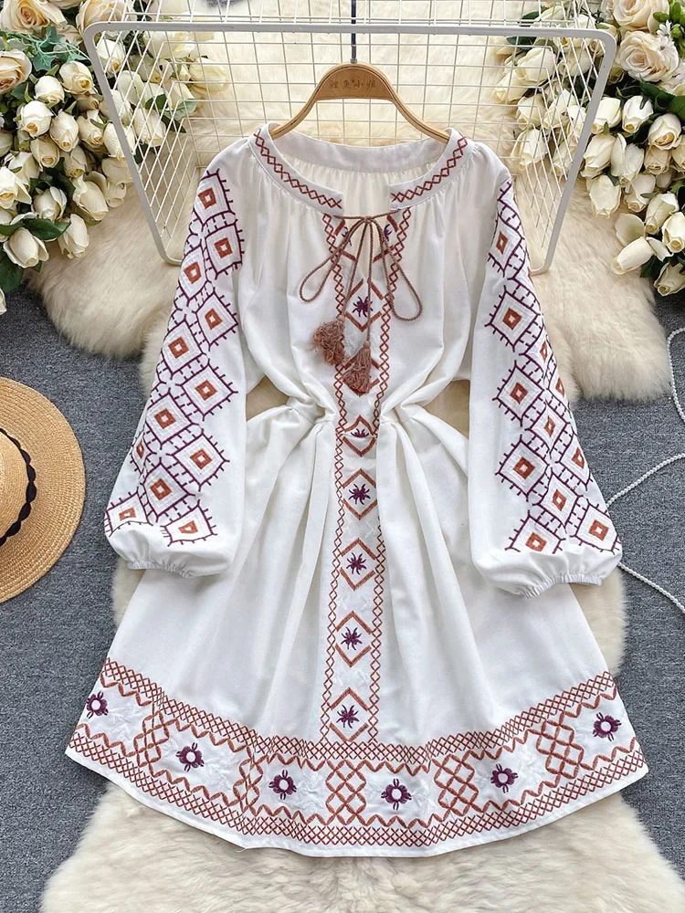 Women's Spring Dress Bohemian Retro Ethnic Style Diamond Cotton Linen Blend Embroidered Lantern Sleeves Mini Dress DS003 - Image 2