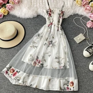 Summer Women's Dress French Retro Square Neck Print Suspender Dress New Waist Lace Feamle Short Dresses HH293