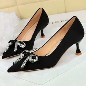 BIGTREE Shoes Bowknot Rhinestone Kitten heels Silks Satins Women pumps Luxury banquet shoes Sexy Party shoes Stiletto Size 43