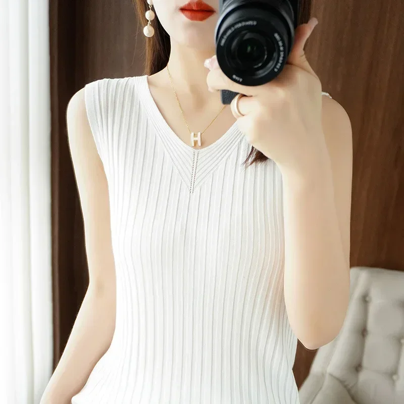 Spring Summer Women Sweater Vest Korean Fashion Slim Fit Ice Silk Sleeveless Tops Solid Knitwears Strecth Knit Pullovers Vests - Image 2