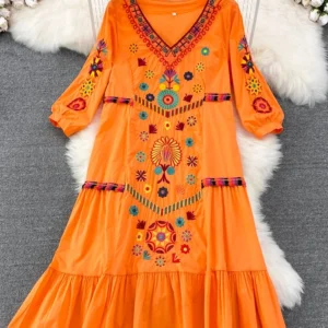 Women Spring Summer Dress Bohemian Ethnic Style Embroidery V-neck Loose A-line Large Swing Holiday Large Swing Long Dress D3118