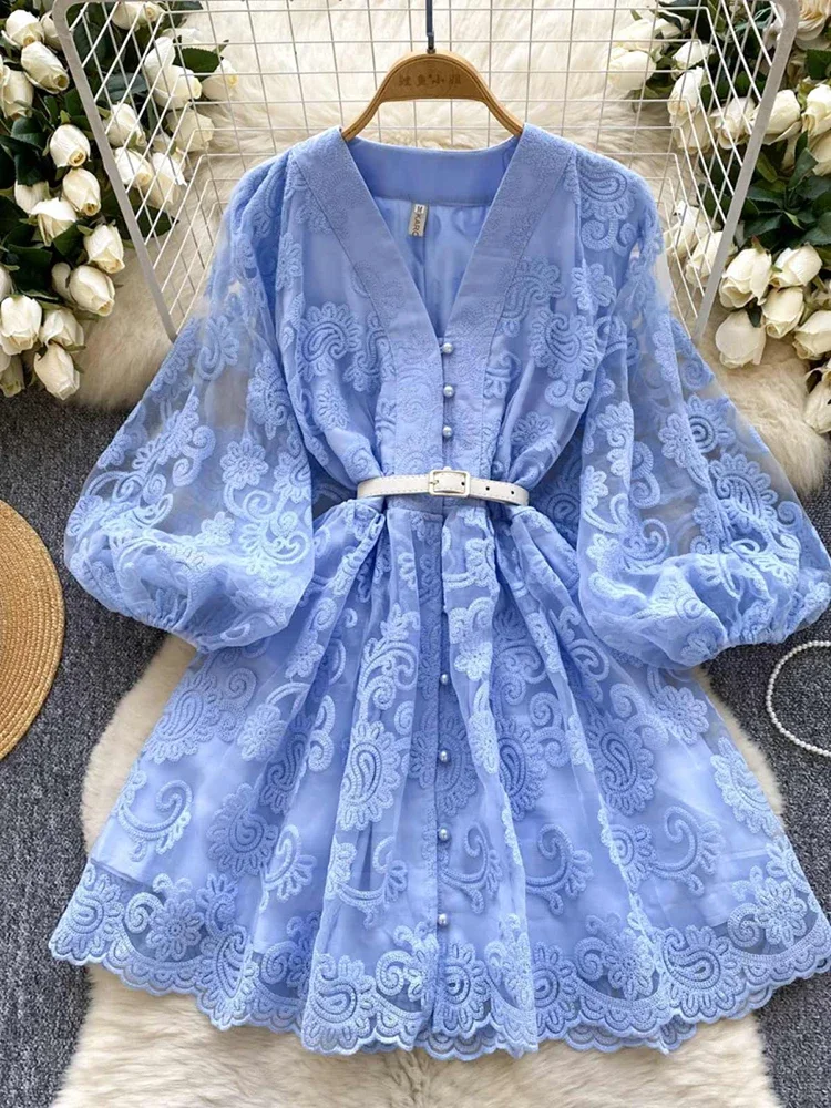 Summer French Sweet V-neck Dress Women's Lantern Sleeves Embroidered Waist Single Breasted A-line Mini Elegant Party Dress C187
