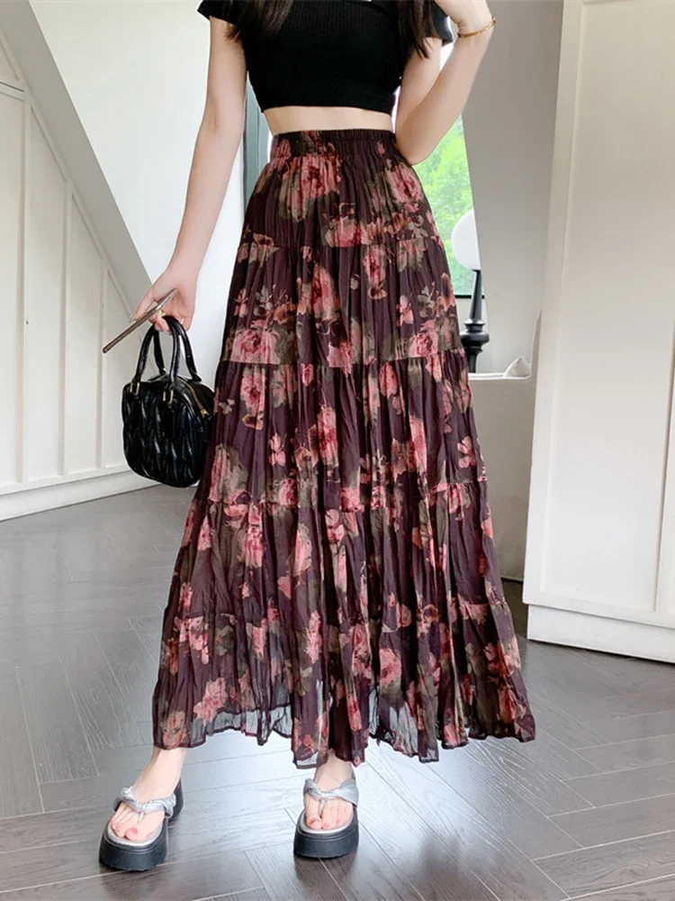 New Bohemian Vacation Pleated Floral Midi Skirt with Women's Temperament Printed High Waisted A-line Long Skirt A272 - Image 4