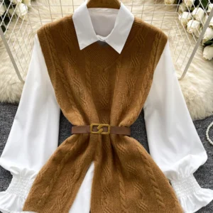 Women's Shirt Two Pieces Set Autumn Winter Turn-down Collar Knitted Vest Sashes Long Shirt 2 Piece Set Female Top TP033