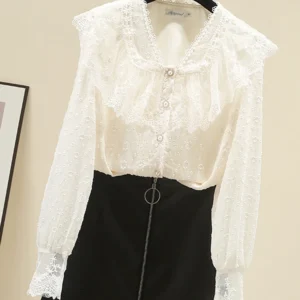 Spring Autumn Long Sleeved Chiffon Shirt Women's New Office Lady Apricot V-Neck Simple Sweet Elegant Lace Blouse Top S153