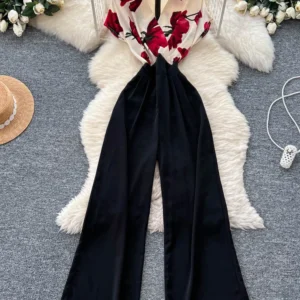 Summer Women's Printed Patchwork V-neck Short Sleeved Jumpsuit New Fashionable Elegant Office Lady Wide Leg Pants C312