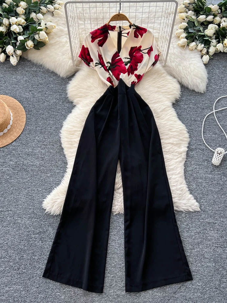 Summer Women's Printed Patchwork V-neck Short Sleeved Jumpsuit New Fashionable Elegant Office Lady Wide Leg Pants C312