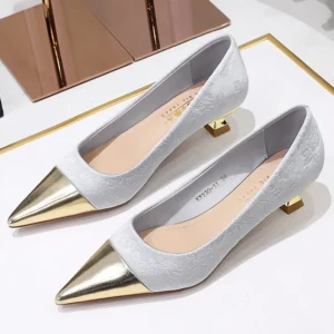 BIGTREE Shoes Women Metal patterned silk Low heeled shoes Metal splicing pointed Kitten heels 3 cm Elegant banquet shoes size 43