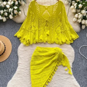 Women‘s Summer Dress Sets Korean Version Sexy Hollow Hook Flower Sweet Loose Cover Shirt+tied Irregular Tassel Skirt TP022