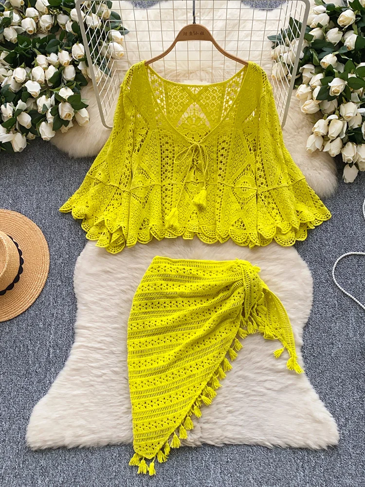 Women‘s Summer Dress Sets Korean Version Sexy Hollow Hook Flower Sweet Loose Cover Shirt+tied Irregular Tassel Skirt TP022