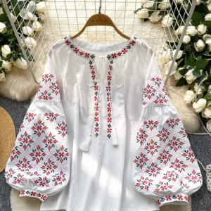 Women's Spring Blouse Retro Ethnic Style New Chinese Lantern Sleeve Shirt Loose Thin Tassel Embroidery Design Blusa Top BL187