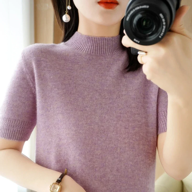 Spring Autumn Women Sweater Casual Warm Bottoming Shirts Mock Neck Basic Knitwear Short Sleeve Pullovers Korean Fashion Jumper - Image 2