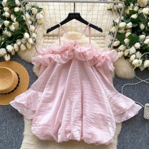 Women Summer Blouse French Off Shoulder Camisole Three-dimensional Lace Flared Sleeve Shirt Loose Mesh Floral Bud Top BL214