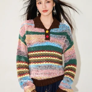 Women Rainbow Sweater Autumn Winter Striped Pullover Knitted Turn-down Collar Button Long Sleeve Top Female Top SW015