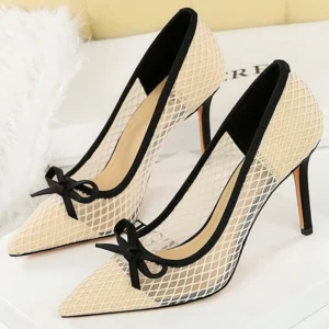 BIGTREE Shoes Mesh lace Women Pumps bowknot High Heels 9.5 cm Stiletto Sexy party shoes Luxury banquet shoes Ladies Pumps 2025