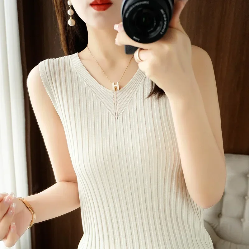 Spring Summer Women Sweater Vest Korean Fashion Slim Fit Ice Silk Sleeveless Tops Solid Knitwears Strecth Knit Pullovers Vests - Image 3