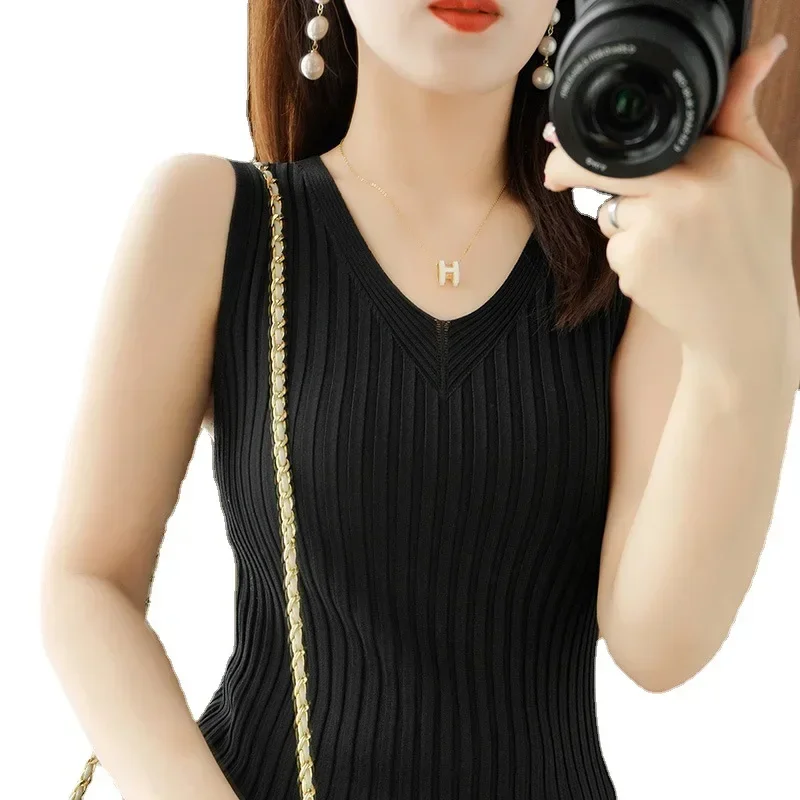 Spring Summer Women Sweater Vest Korean Fashion Slim Fit Ice Silk Sleeveless Tops Solid Knitwears Strecth Knit Pullovers Vests - Image 5
