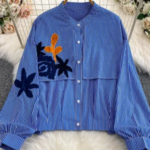 Women's Autumn Shirt French chic Unique Embroidered Round Neck Lantern Sleeve Shirt Blouse Female Top BL234