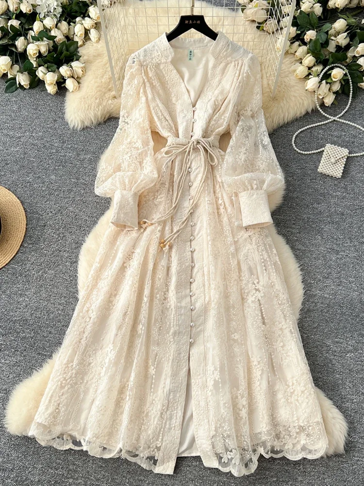 Spring Autumn French High-end Women's Dress New Lace Embroidery V-neck Lantern Sleeves Single Breasted Party Birthday Dress C192