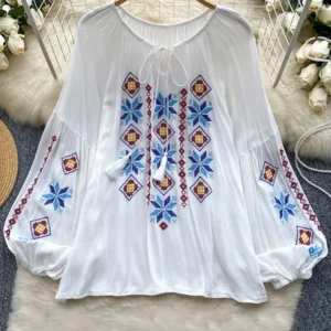 Women Spring Blouse Ethnic Style Retro Literature Loose Embroidered Cotton Linen Round Neck Pullover Shirt Casual Top A158
