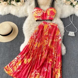 Women's Summer Skirt Two-piece Set New Ins Holiday Style Sexy Suit Lace Camisole Short Top High Waist Pleated Skirt C271