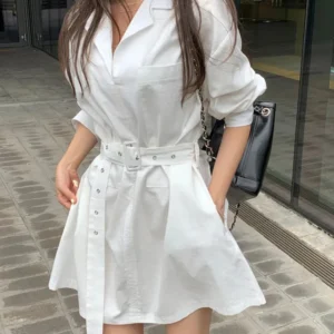 Spring Autumn Casual Simple Loose Shirt Dress Women's New White Black Fashion Vintage Large Pocket Waist-fitting Mini Dress S99