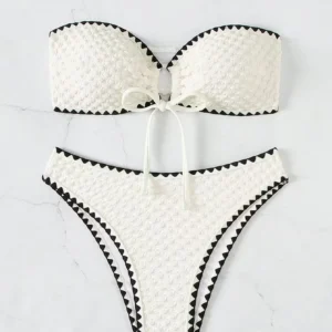 Swimwear White 2 Piece Strapless Swimsuit for Women Sexy Bandeau Backless Bikini Set Lace-up Patchwork Bathing Suit 2025 New