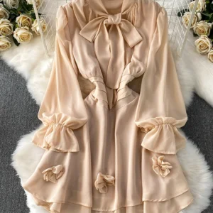 Women's Autumn Pleated Dresses French Light Mature Style Three-dimensional Flower Bow V-neck Mini Short Vestidos Beige DS224