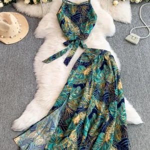 Women's Summer Dress Sets Vacation Style Printed Strap Short Camisole Vest+temperament Split Skirt Two-piece Set TP026