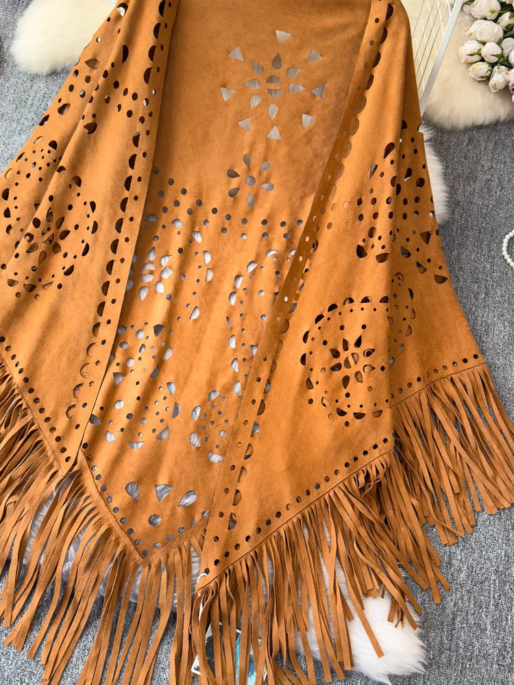 Women's Ethnic Style Fashion European and American Suede Shawl Cardigan Cape Hollow Tassel Versatile Loose Top D58 - Image 2