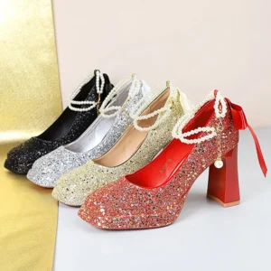 BIGTREE Shoes 2025 Pearl Chain Design Women Pumps Sequin Platform high heels Square head Thick heeled shoes with Women heels