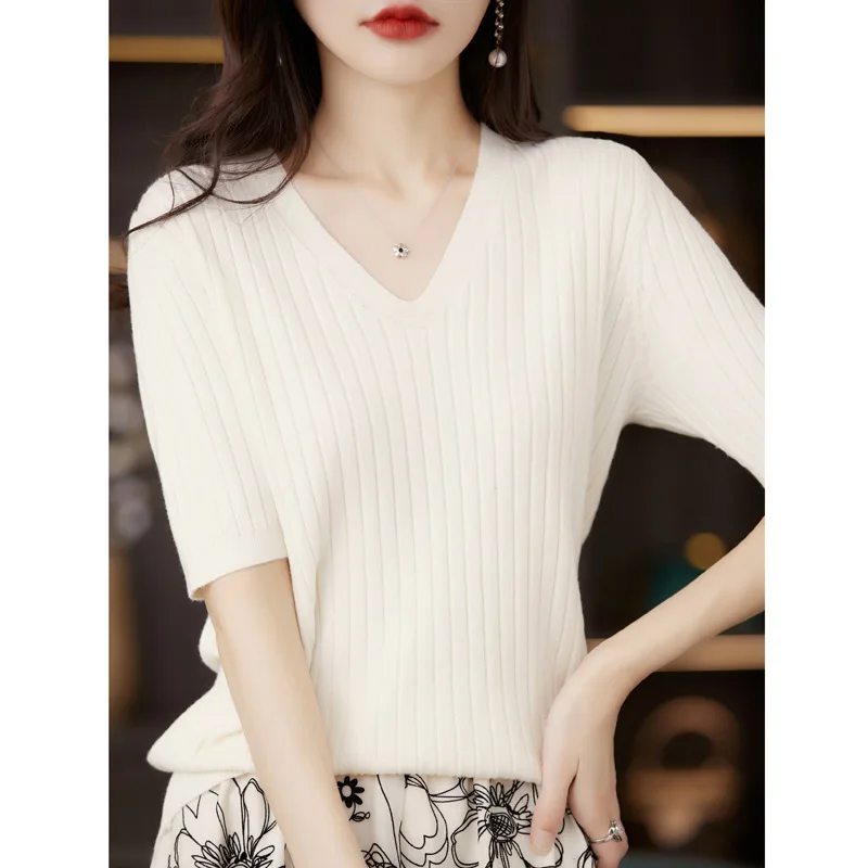 2025 Women Sweater Short Sleeve Spring Summer Knitwears Korean Fashion Stripe Pullovers Slim Fit Knit Tops Casual V-neck Jumpers - Image 2