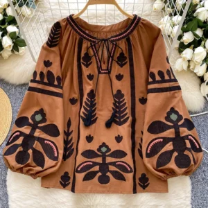 Spring Autumn New Vintage Lantern Sleeve Shirt Women's Embroidered Round Neck Strap Loose Casual Versatile Hoodie Blouse Top D11