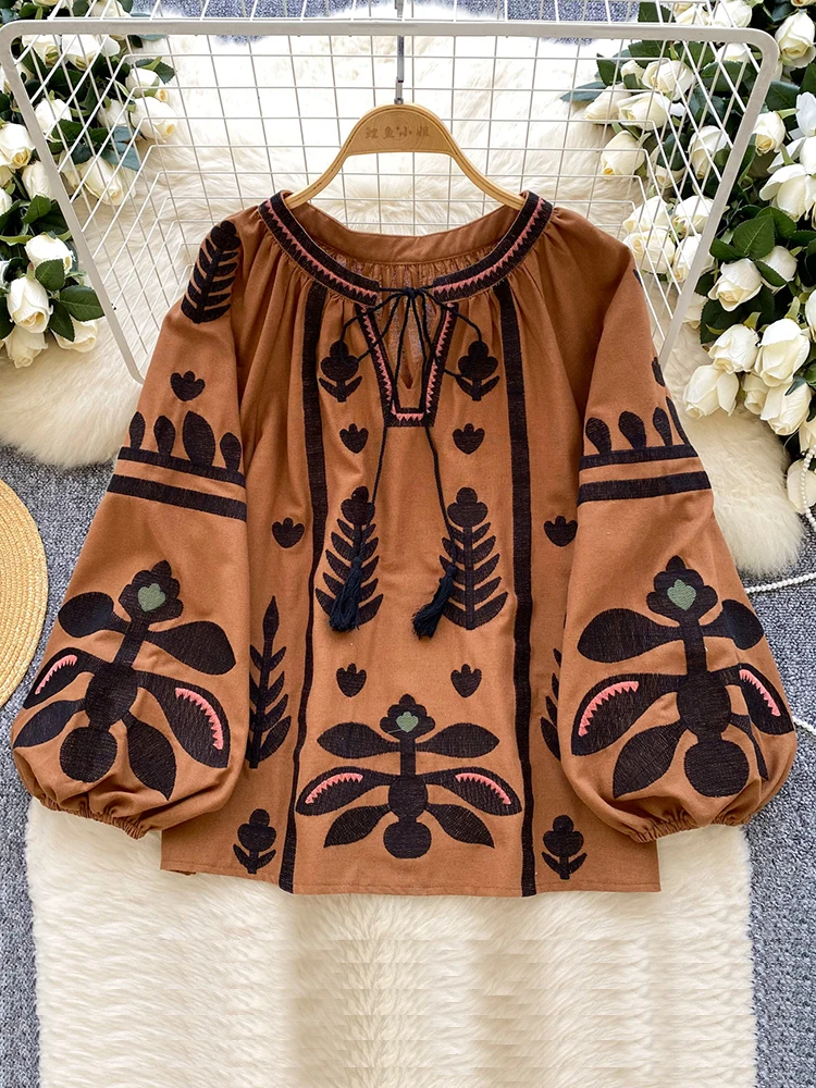 Spring Autumn New Vintage Lantern Sleeve Shirt Women's Embroidered Round Neck Strap Loose Casual Versatile Hoodie Blouse Top D11