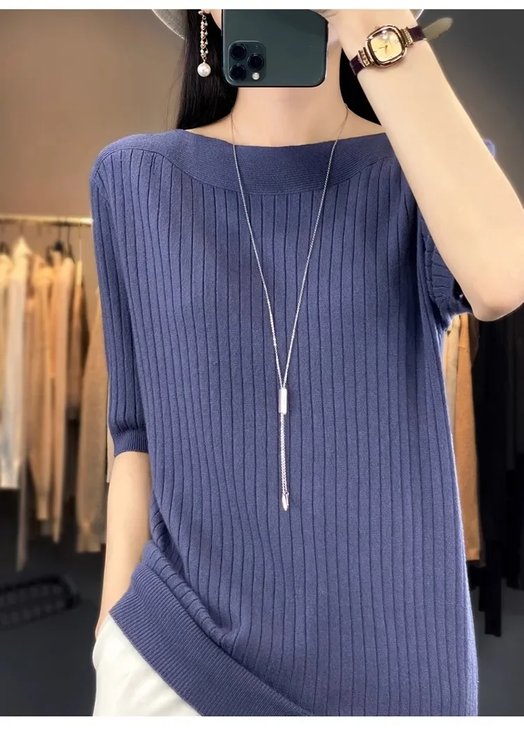 Women Sweater Spring Autumn Warm Bottiming Shirts Korean Fashion Slash Neck Half Sleeve Pullovers Slim Fit Casual Warm Knitwears - Image 6