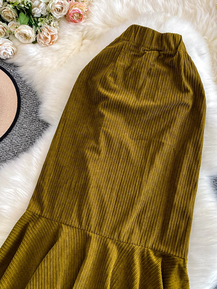 Women Midi Skirt High-end Feeling Corduroy Pleated High Waist Slim Fish Tail Mermaid Mid Length Skirt A-line Faldas Female SK068 - Image 4