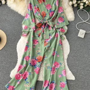 Summer Ladies Temperament V-neck Floral Bell-sleeved Jumpsuit New Lace-up Waist Female Slim Loose Wide-leg Trousers Women D1258