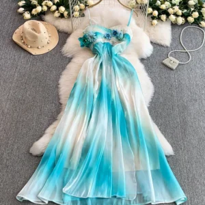 Women's Summer Dress Korean Version Three Dimensional Floral Temperament Gradient Color Tie Dye Mesh V-neck Vestidos DS171