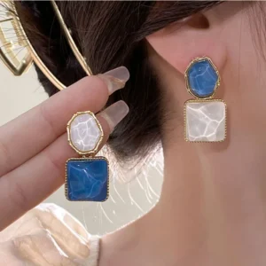 925 Silver Needle Korean Fashion Dream White Blue Square Drop Earrings For Women Jewelry 2025 Trending New Water Ripple Earrings