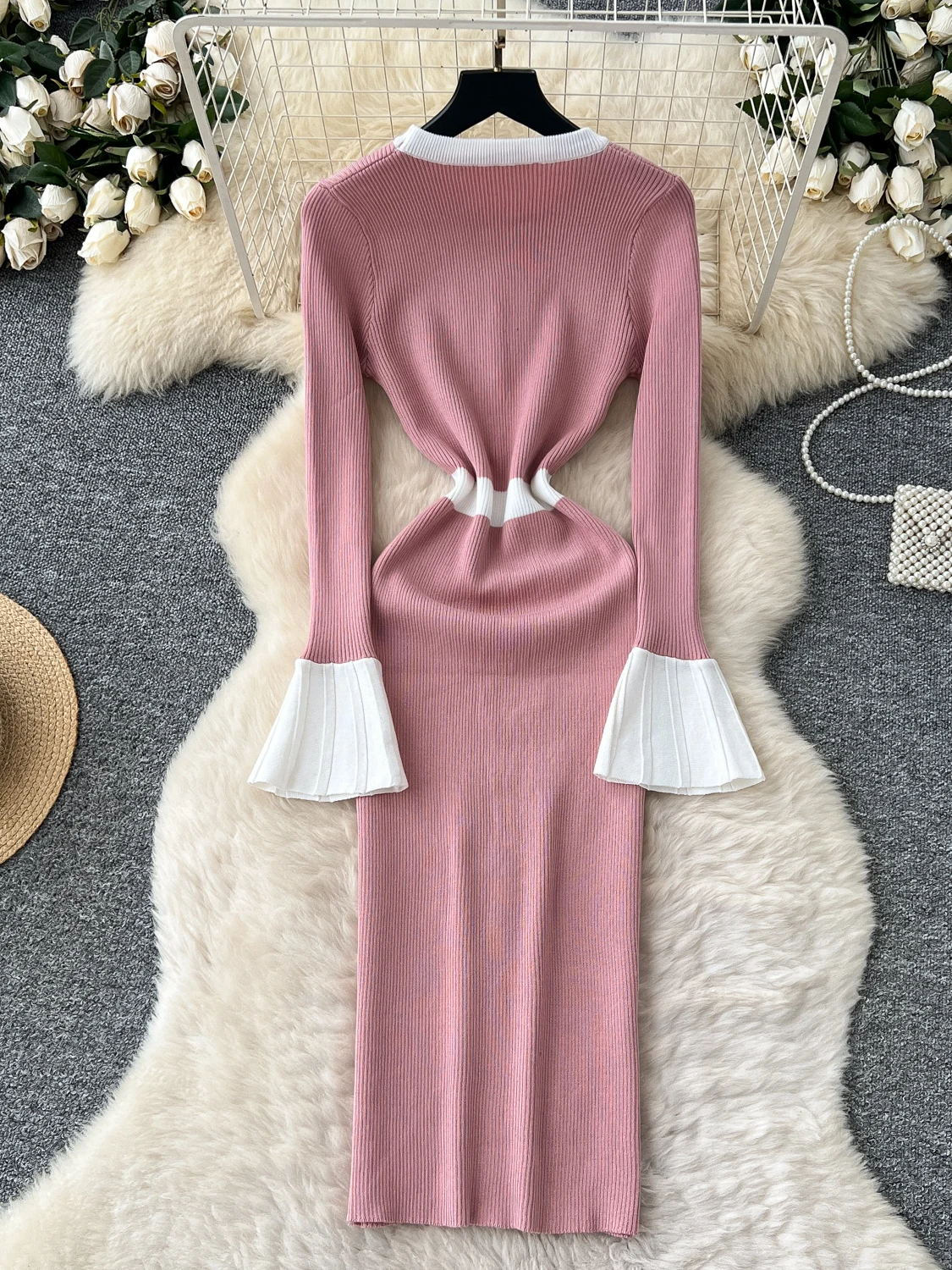 Women French Dress Knitted Autumn Winter O-neck Long-sleeved Button Elastic Simple Design Mid-length Female Vestidos DS211 - Image 3