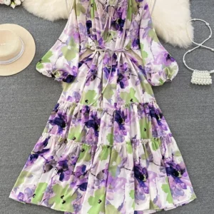 Spring Autumn Women's Retro Style Long Sleeved Printed Dress with Waist Cinched A-line Elegant Large Swing Long Dress A81