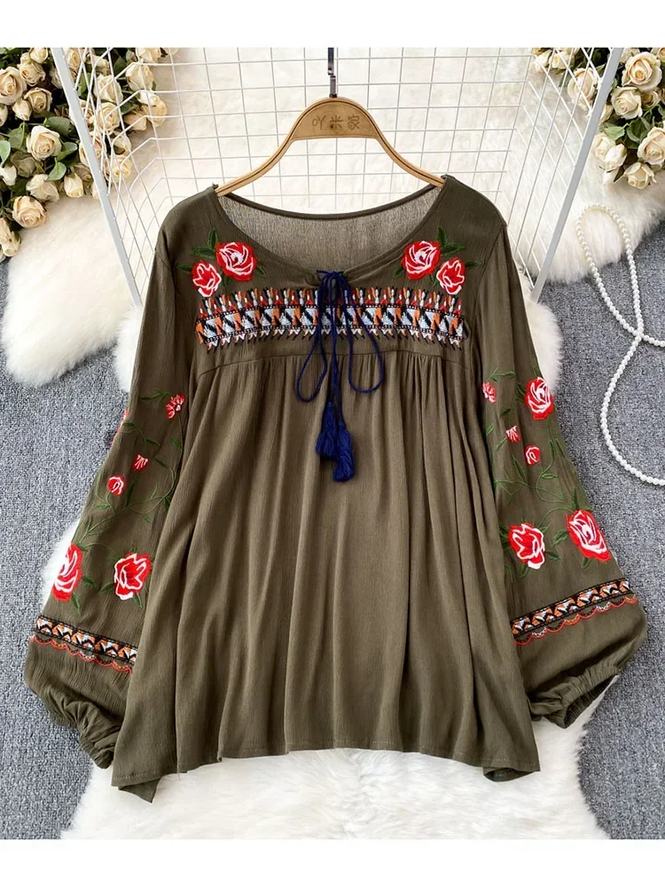 Women Spring Autumn Blouse Bohemian Vintage Lantern Long Sleeve Round Neck Embroidered Loose Pullover Shirt Casual Top D5081 - Image 3