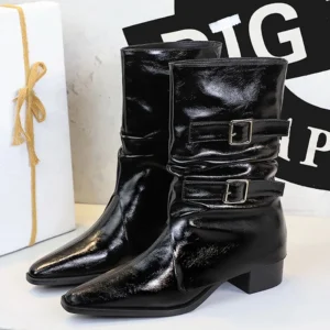 Retro Pointed Western Cowboy Boots for Women Belt buckle design Mid-Calf Boots chunky heel leather boots Women Knight Boots 2025